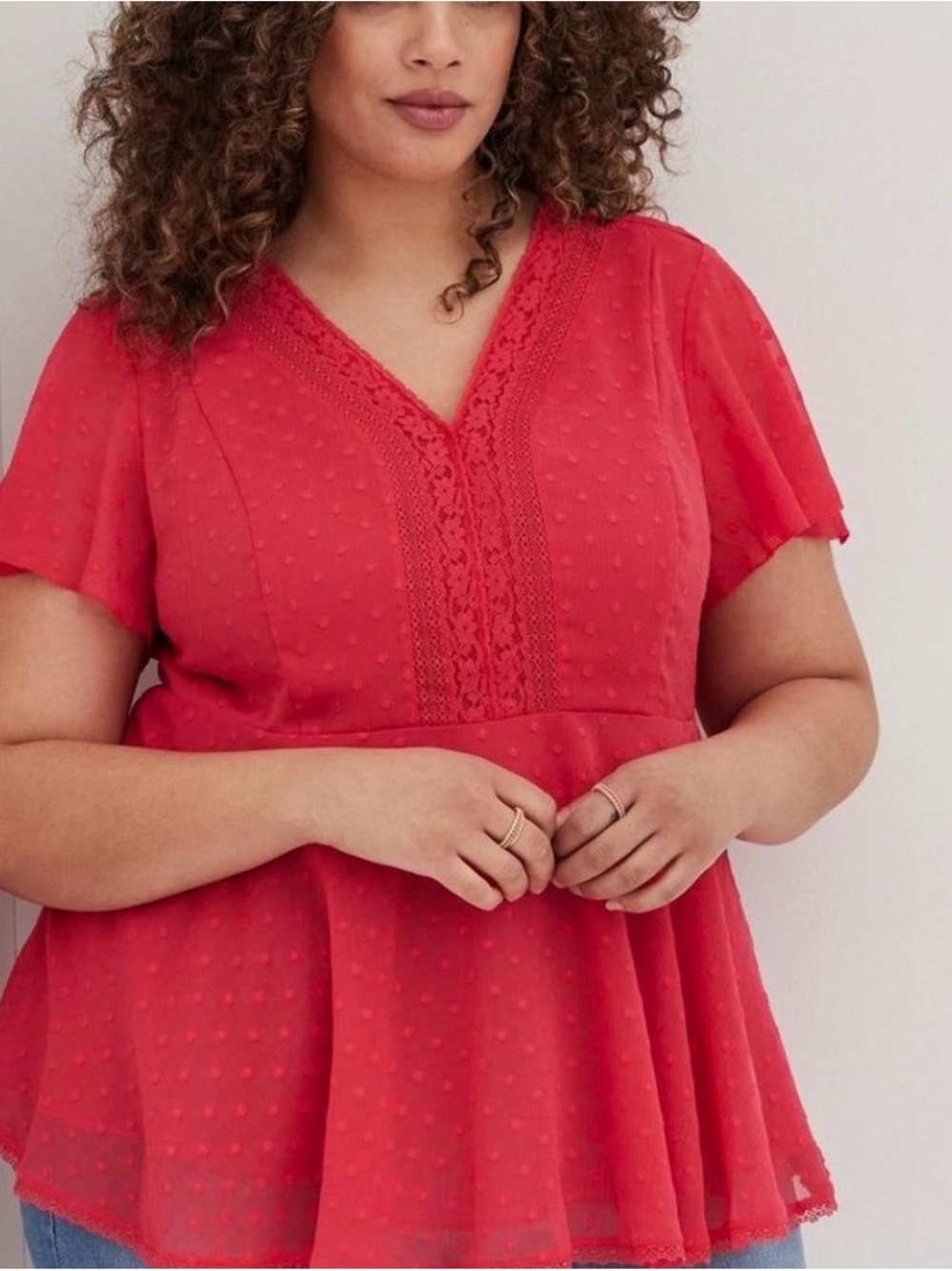 Torrid Pink Swiss Dot Chiffon Lace Trim V-Neck Peplum Blouse Top Plus Size 1